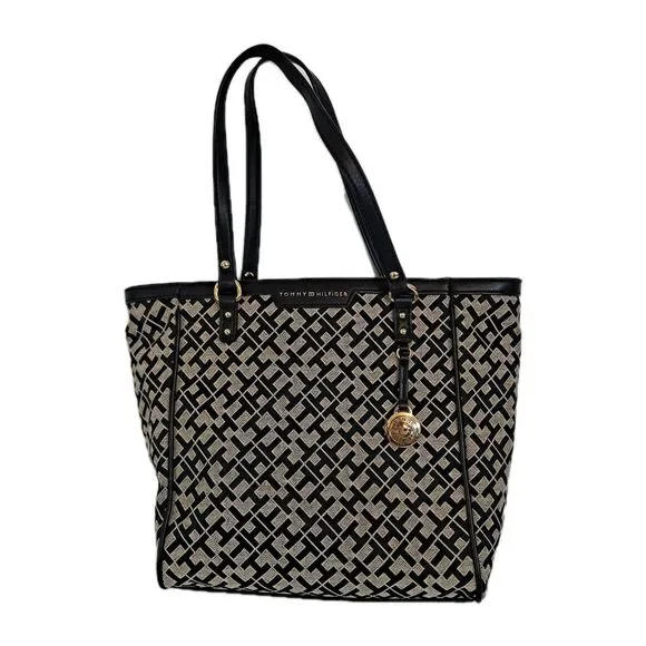 Tommy Hilfiger Shopper Tote Bag Signature TH Pattern Black 9-1/2"×10"×2-1/2" - Picture 1 of 15